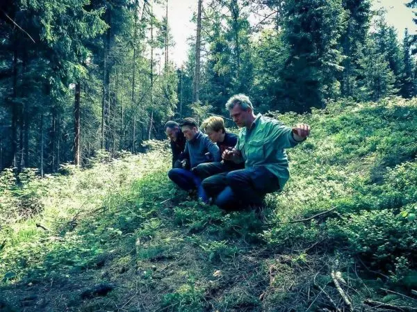Vier Personen knien im Wald und beobachten den Boden