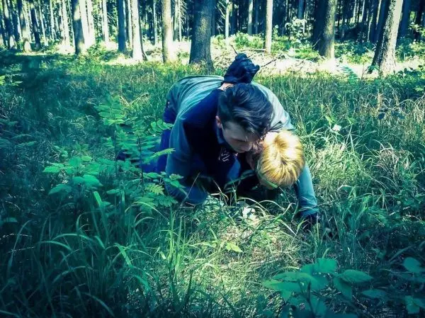 Zwei Personen liegen im hohen Gras und scheinen sich zu umarmen oder zu ringen