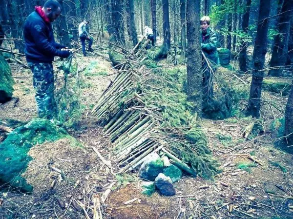 Zweige und Tannenzweige werden für eine Notunterkunft angeordnet