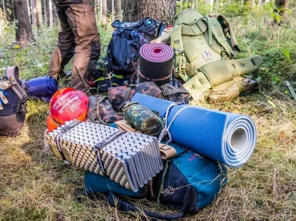 Rucksäcke und Schlafmatten liegen auf dem Boden im Wald