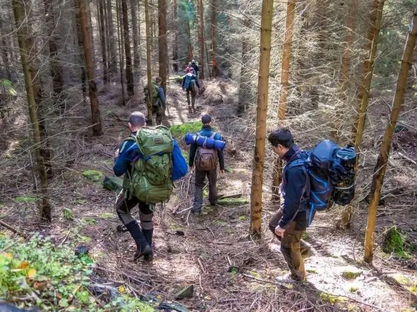 Wanderer mit Rucksäcken gehen einen schmalen Pfad durch den Wald