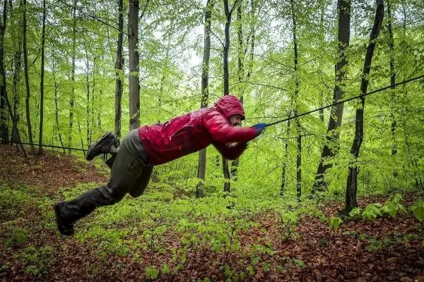 Person schwingt sich an einem Seil durch den Wald