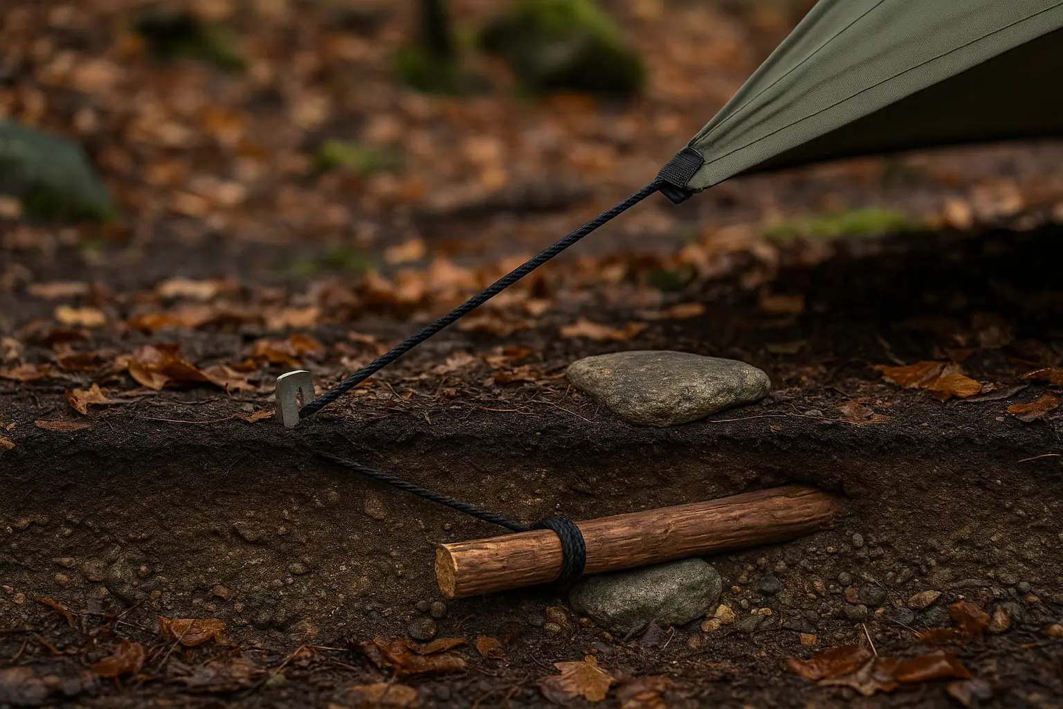 Quer eingegrabener Holzanker (Deadman) mit flacher Leinenführung: Rundholz in 30–40 cm Tiefe, Leine als Schlinge um das Holz, Erdreich/Steine als Gegengewicht