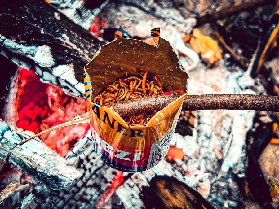 Maden in Dose über einem Lagerfeuer