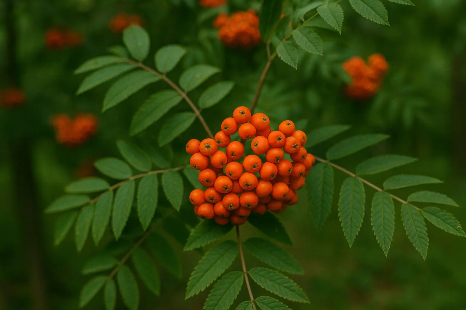 Eberesche mit orangeroten Beeren in Dolden und gefiederten Blättern