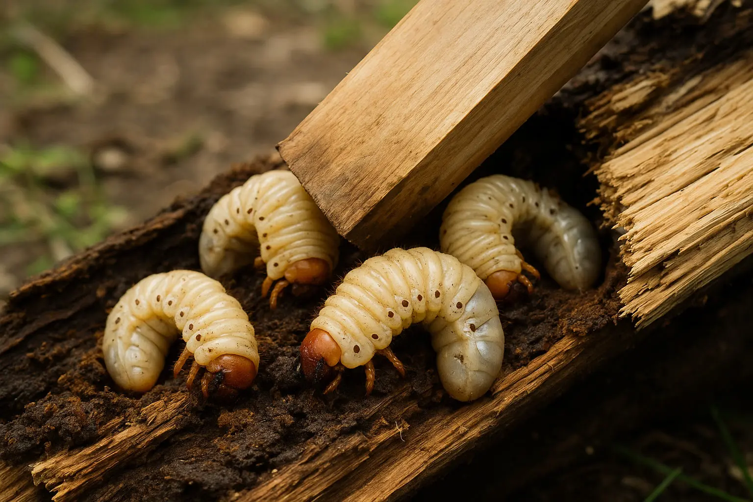 Dickfleischige Engerlinge in angefaultem Totholz, freigelegt mit einem Holzkeil