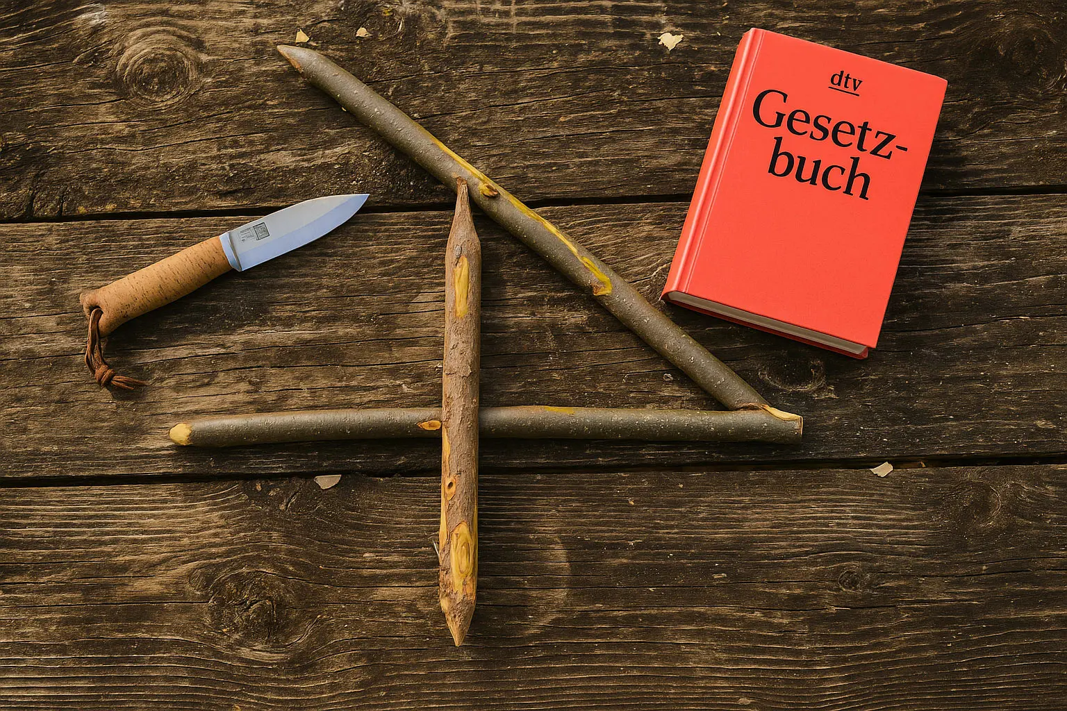 Survival-Setting: Waldrand, improvisierte Übungsfalle in Kiste, daneben Notizblock mit Rechtsparagrafen