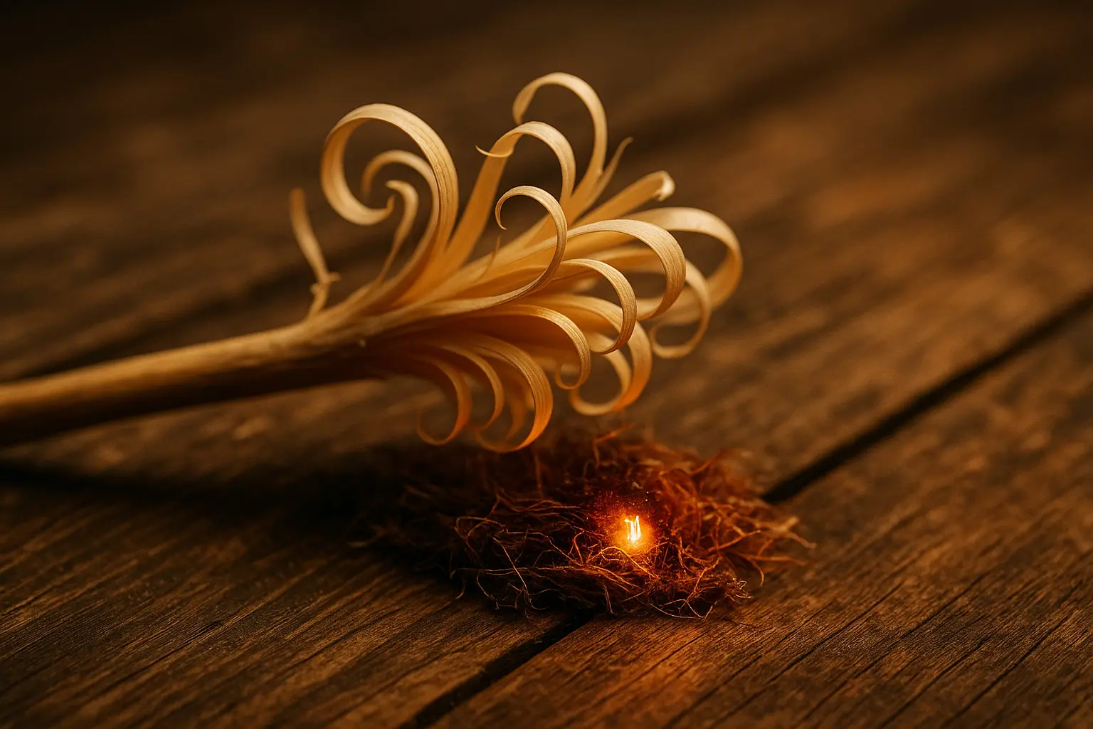 Featherstick-Locken liegen als Brücke direkt über dem glimmenden Zunderkern