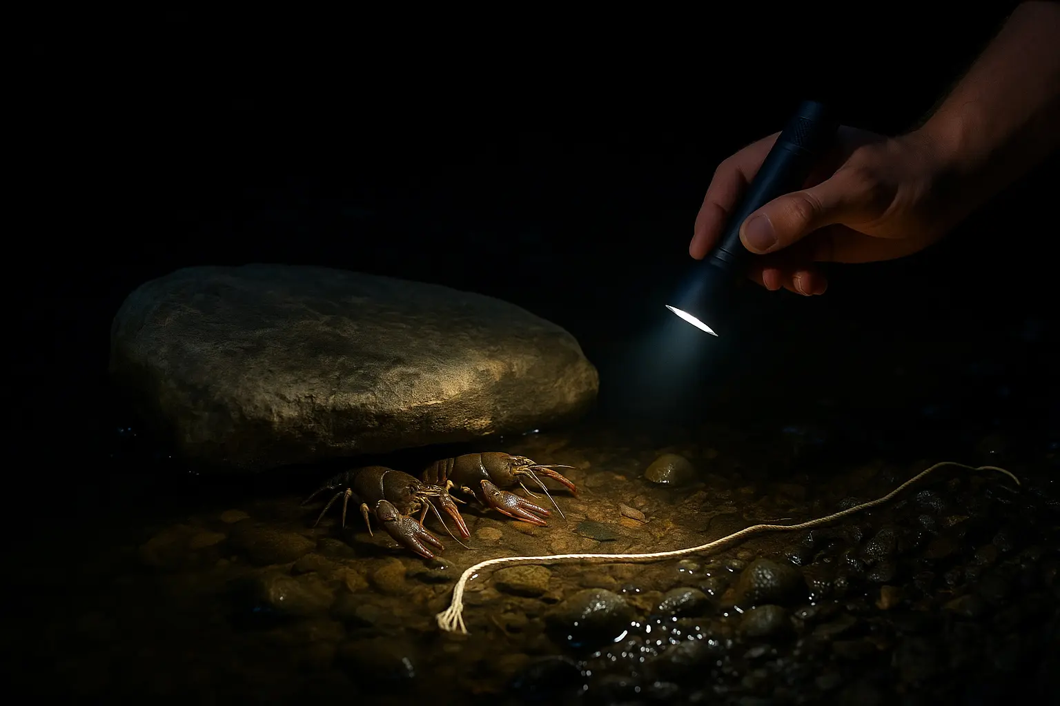 Flusskrebse unter einem flachen Stein, Handlampe leuchtet, improvisierte Köderschnur daneben.