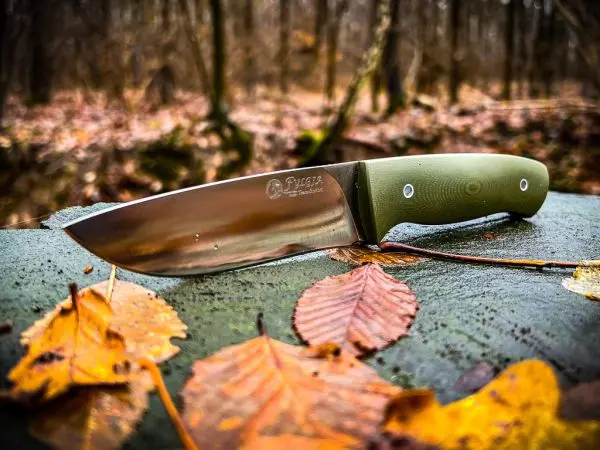 Klinge mit grünem Griff liegt auf feuchtem Holz, umgeben von Herbstblättern