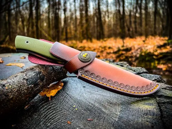 Messer in einer Lederscheide auf einem Baumstamm im Wald