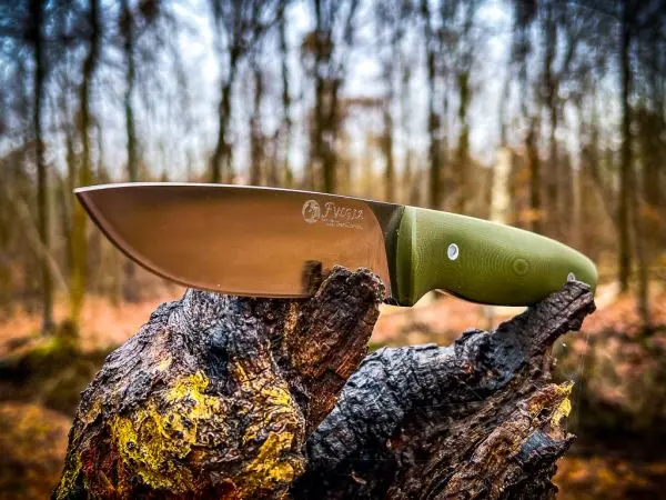 Messer mit grünem Griff liegt auf einem verwitterten Holzstück im Wald