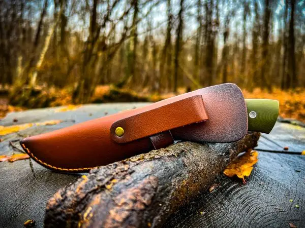 Messer mit Lederhülle liegt auf einem Holzstück im Wald