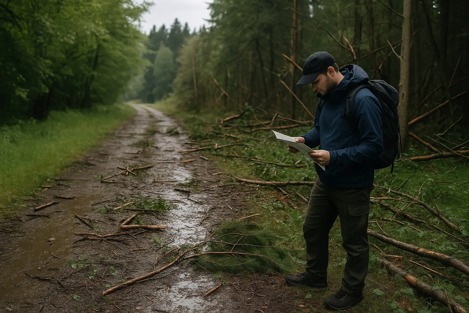 Nach einem Gewitter: umgestürzte Äste, nasse Wege, neu geplante Route