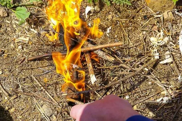 Hand hält einen Stock über einem brennenden Feuer