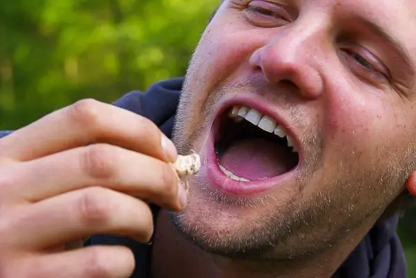 Mann hält ein Stück Nahrung vor den Mund und bereitet sich darauf vor, es zu essen