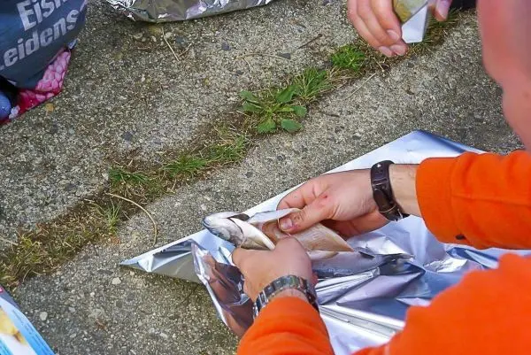 Person bereitet Fisch auf Aluminiumfolie vor