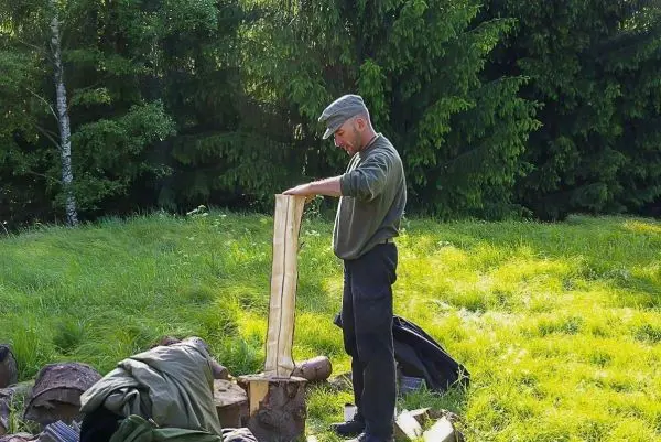 Person schneidet Holz auf einem Baumstumpf