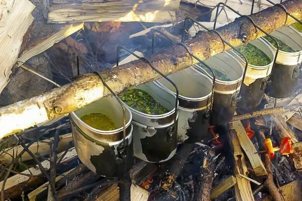 Töpfe hängen über einem Feuer auf einem Holzstamm beim Kochen