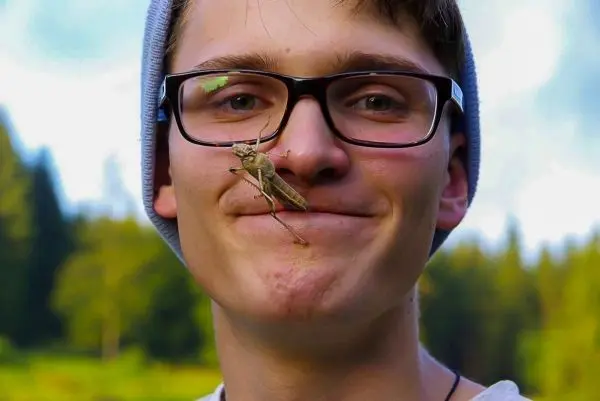 Grashüpfer sitzt auf der Oberlippe eines lächelnden jungen Mannes