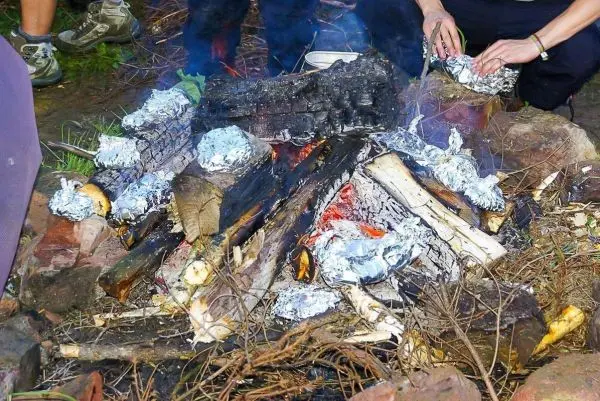 Kleine Flamme brennt zwischen Holzscheiten, Alufolie umwickelt Lebensmittel