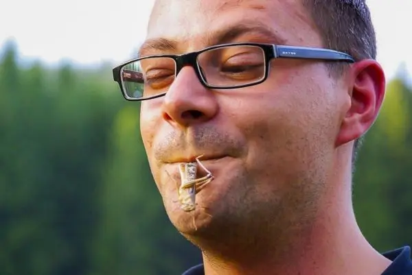 Mann hält ein Insekt mit den Lippen und schaut konzentriert