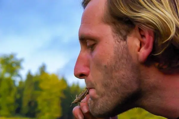 Mann hält einen kleinen Zweig nahe an den Mund
