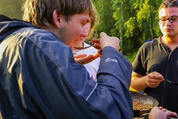 Person isst aus einer Pfanne mit Insekten