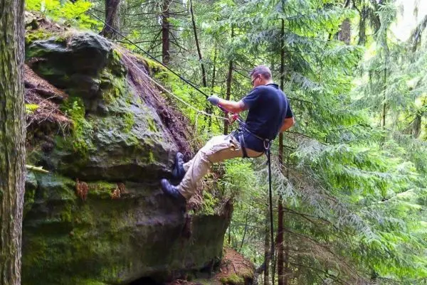 Person seilt an einer Felswand im Wald ab
