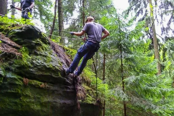 Person seilt an einer Felswand im Wald ab