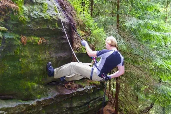 Person seilt an einer Felswand in einem Waldgebiet ab