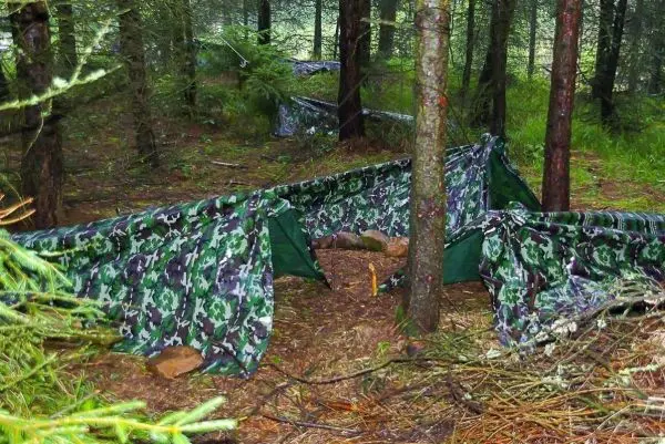 Tarp-Notunterkunft aus Camouflage-Material zwischen Bäumen im Wald