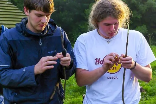 Zwei Personen bearbeiten Äste mit Werkzeugen in einer grünen Umgebung