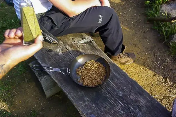 Gewürz wird über eine Pfanne mit Insekten gestreut, Holzbank im Hintergrund