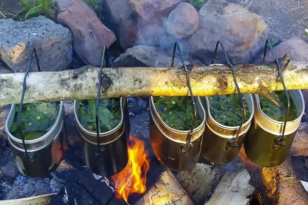 Töpfe mit Kräutern hängen an einem Stock über einem Feuer