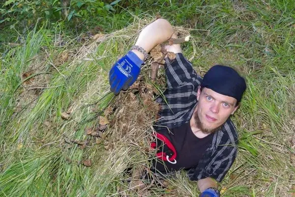 Mann mit Handschuhen hebt sich aus einem Haufen aus Gras und Ästen