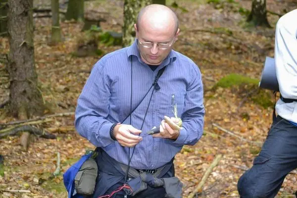 Mann hält ein Messer und eine Pflanze in einem Waldgebiet