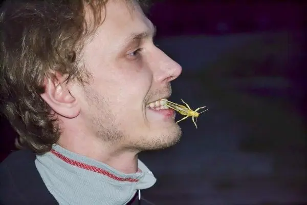 Mann hält Heuschrecke im Mund, lächelt dabei