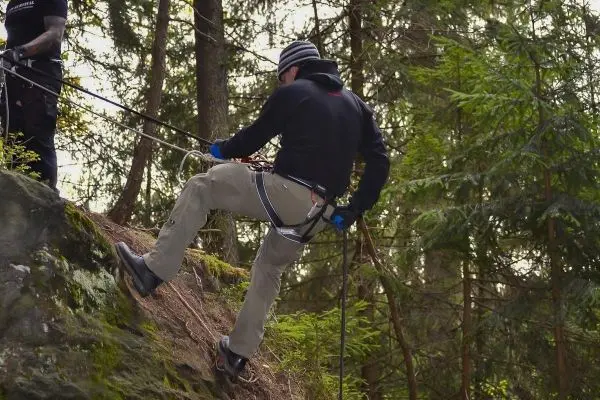 Person seilt an einem Felsen im Wald ab