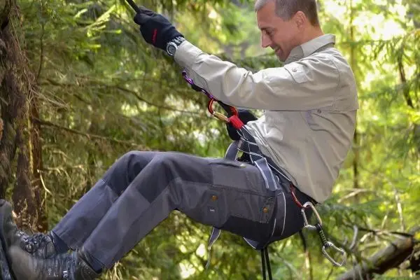 Person seilt mit Kletterausrüstung an einem Baum ab