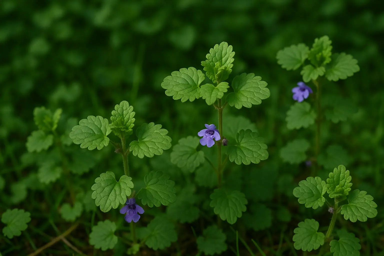 Gundermann: kriechende Triebe, rundliche gekerbte Blätter, violette Lippenblüten