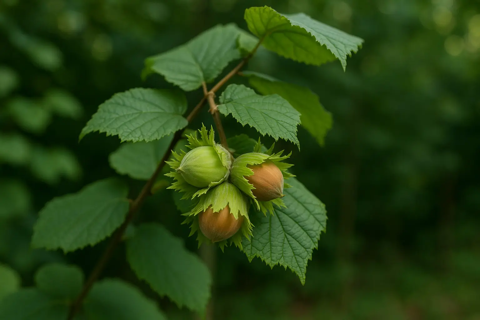 Haselstrauch mit reifenden Haselnüssen in zottigen Fruchthüllen