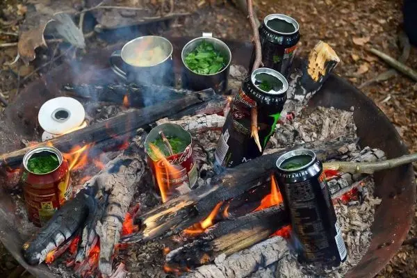 Dosen und Töpfe stehen über einem Feuer auf Holzscheiten beim Kochen