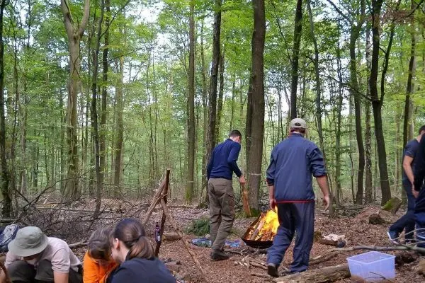 Kleine Flamme brennt in einem improvisierten Feuerplatz im Wald