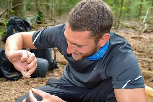 Mann schnitzt mit einem Messer an einem Holzstück im Wald