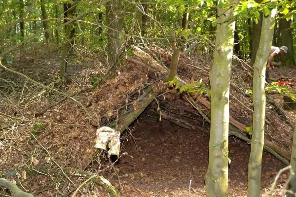 Tarp-Notunterkunft aus Ästen und Laub im Wald aufgebaut