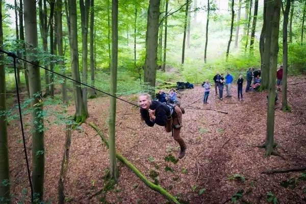 Person schwingt an Seil zwischen Bäumen im Wald beim Überlebenstraining
