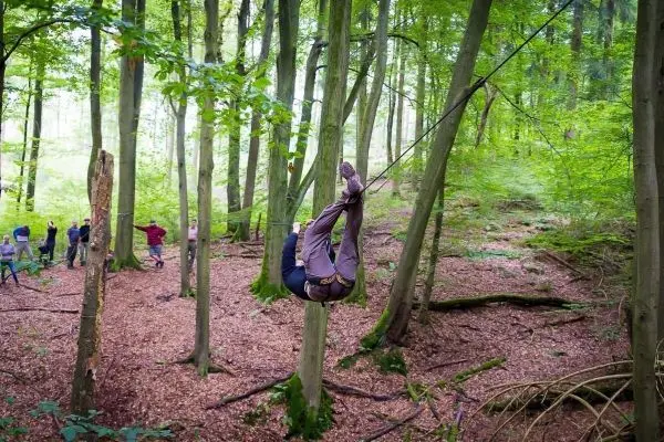 Person überquert selbstgebaute Seilbrücke zwischen Bäumen im Wald