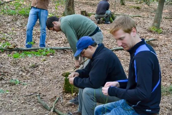 Drei Personen arbeiten im Wald mit Holzstücken und Seilen