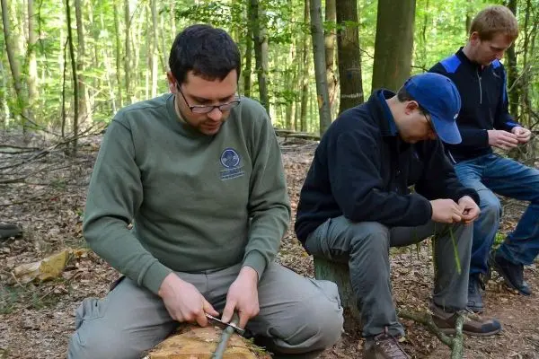 Messer bearbeitet Holzstück im Wald, während zwei Personen daneben arbeiten